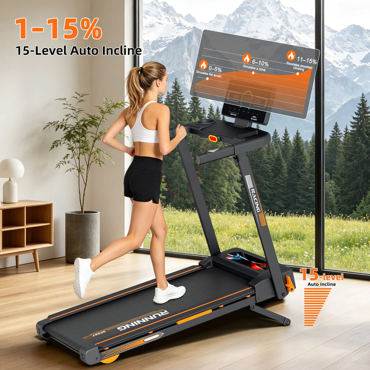 Premium Treadmill With 15 Level Auto Incline And Quiet Motor
