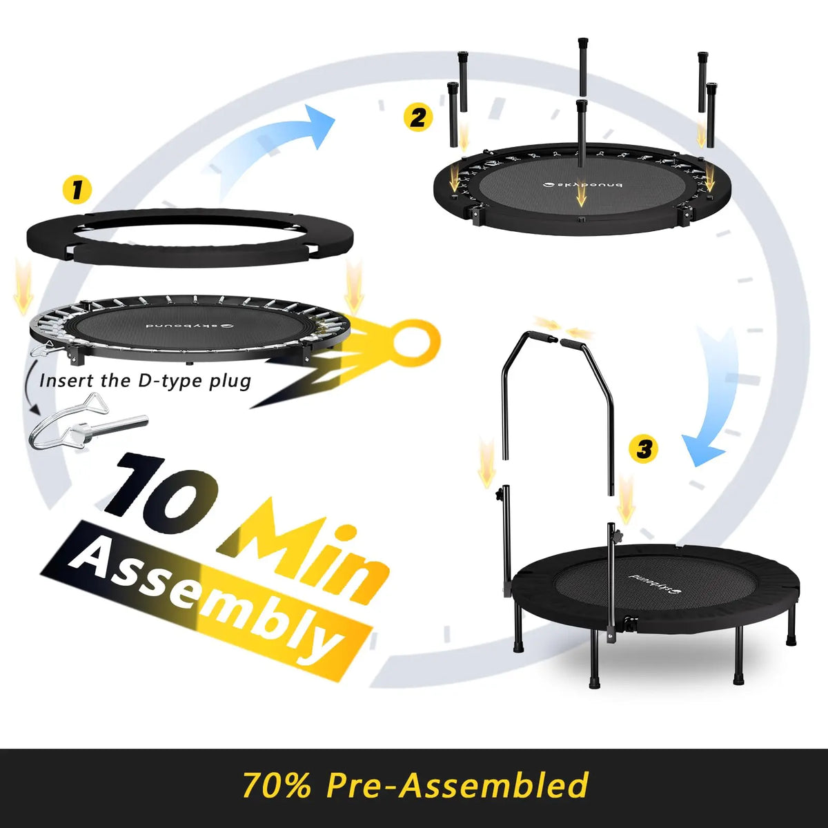 Foldable Adult Mini Trampoline With Adjustable Handle For Fitness