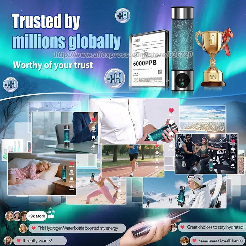 GERWELL Hydrogen Water Bottle With 6000 PPB Concentration SPE PEM Tech