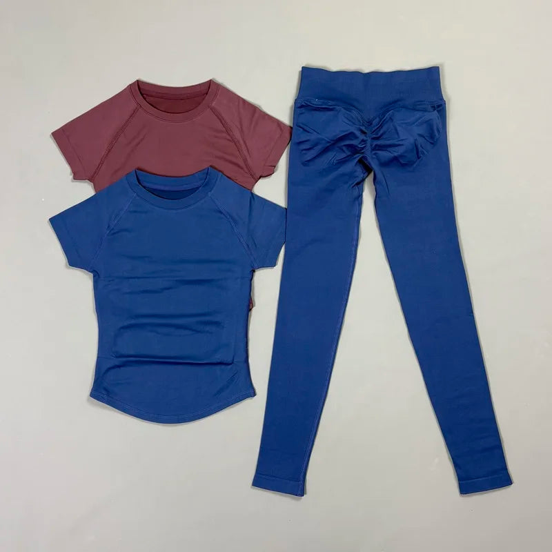 Histello Women Seamless Fitness Set Short Sleeve Top Leggings