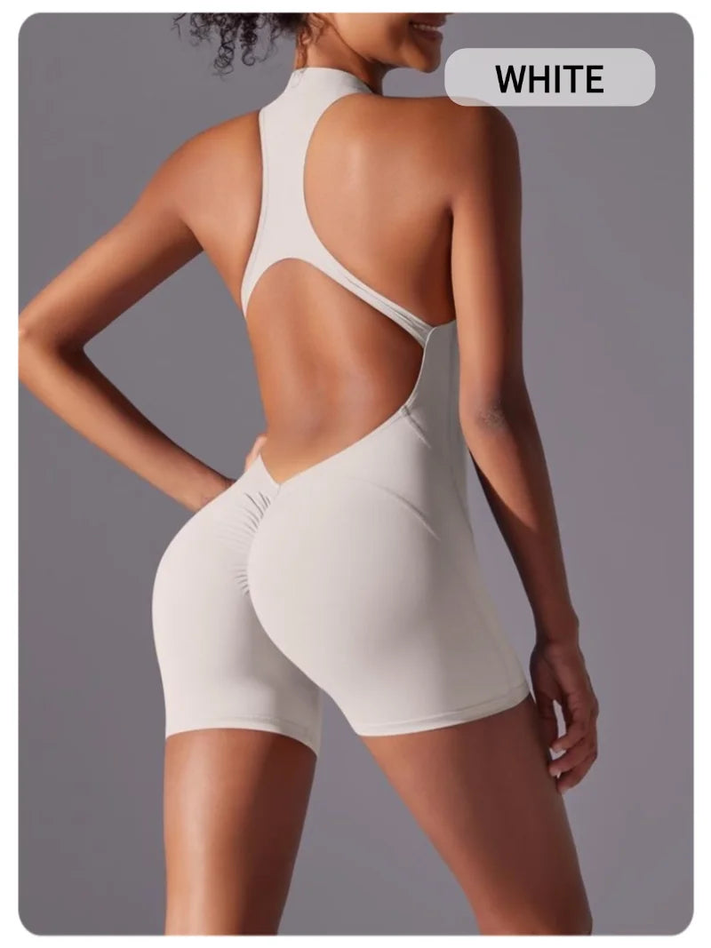 MIML Women's Short Sleeveless Zipper Backless Yoga Romper