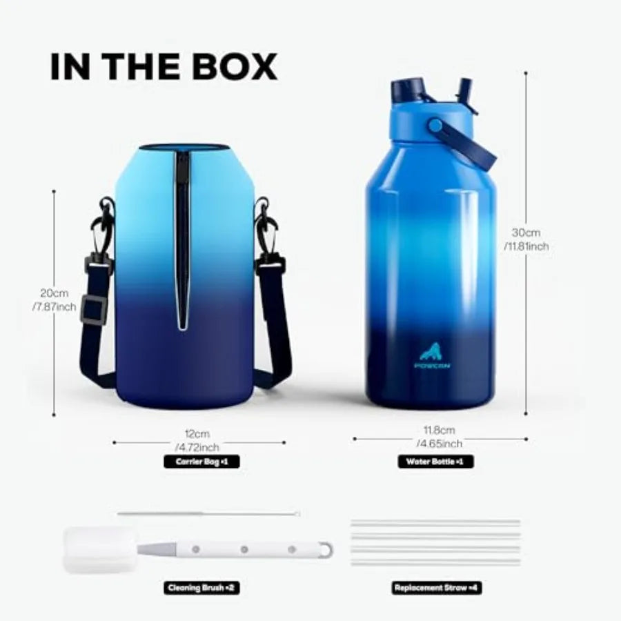 Insulated Water Bottle With 2-In-1 Straw Spout Lid Leakproof BPA-Free