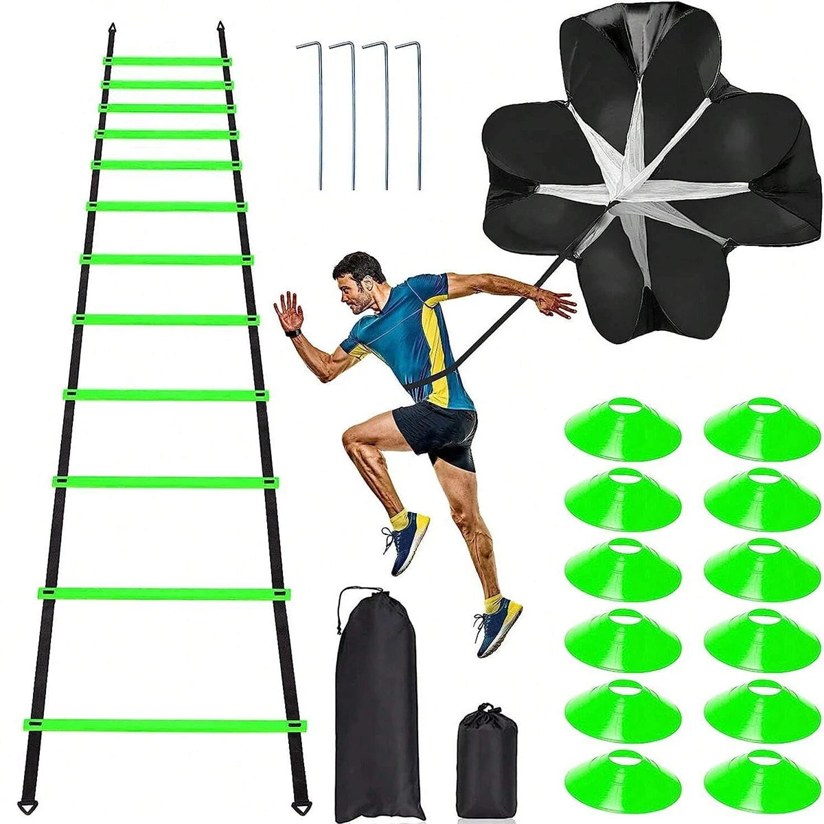 Speed Agility Training Set,Includes 12 Rung 20ft Adjustable Agility Ladder,12 Sports Cones,4 Steel Stakes,1 Resistance Parachute