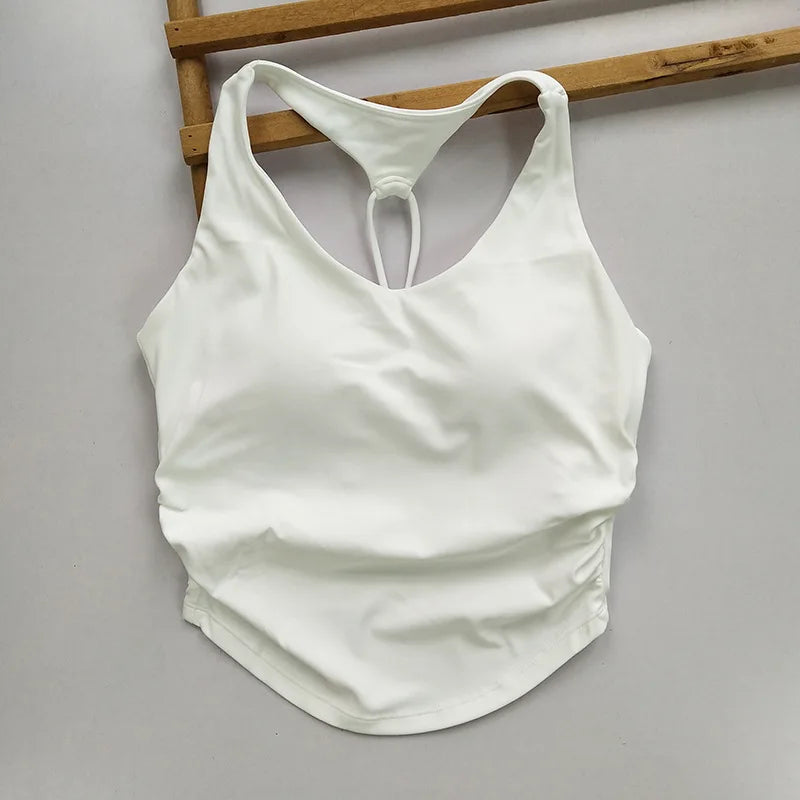 Women's Cutout Back Ruched Waist Yoga Tank Top Spaghetti Strap Fixed Cups Breathable for Gym Workout