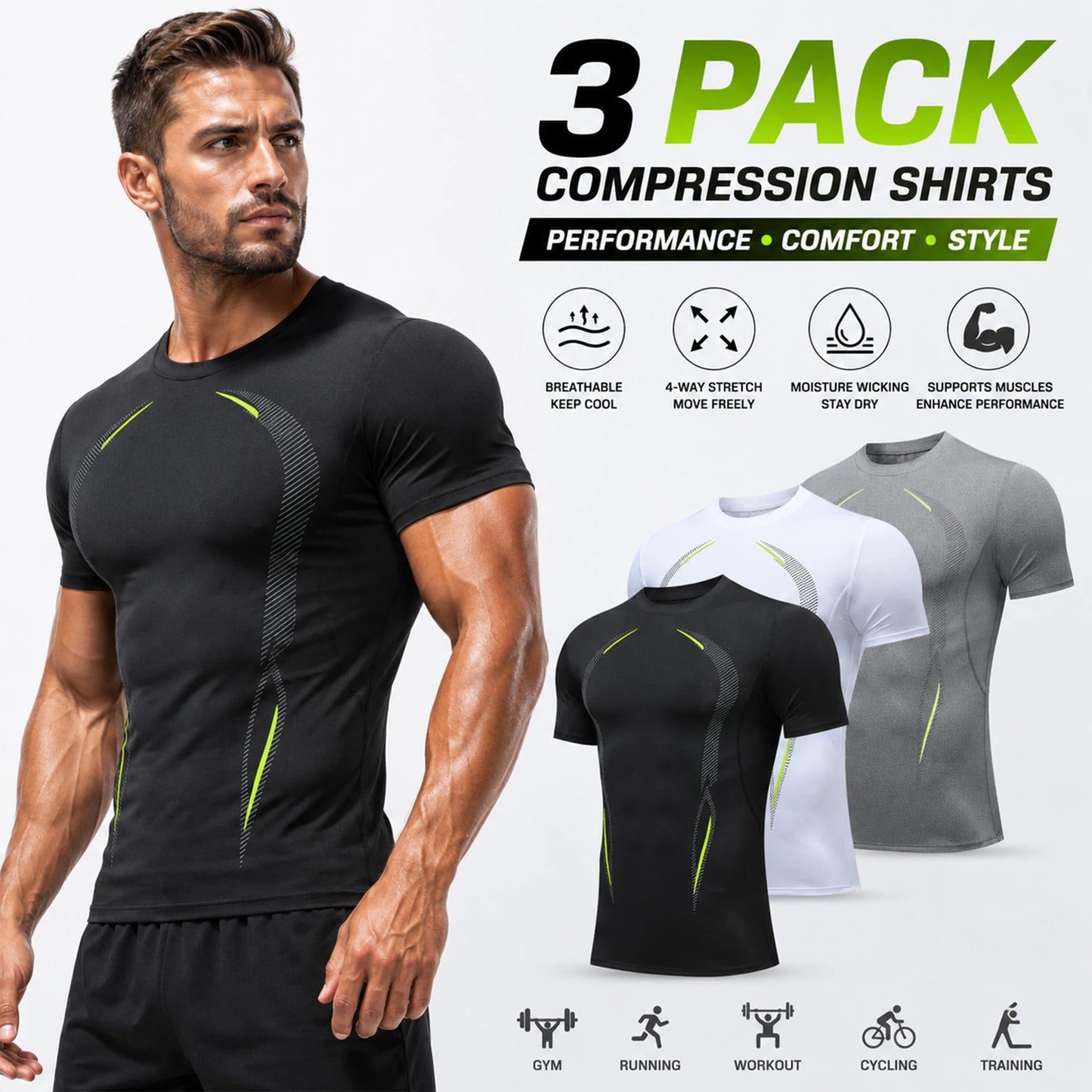Three Pack Mens Compression Shirts Short Sleeve Moisture Wicking Quick Dry