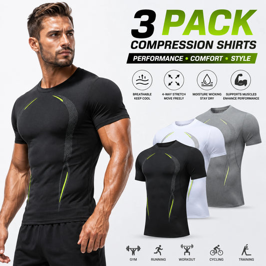 Three Pack Mens Compression Shirts Short Sleeve Moisture Wicking Quick Dry