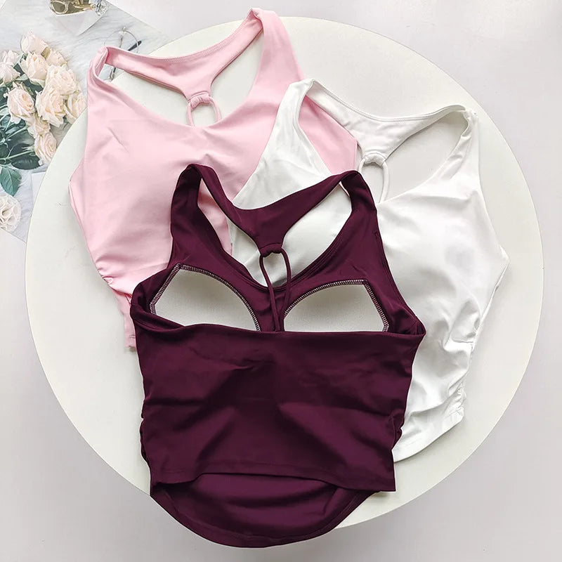 Women's Cutout Back Ruched Waist Yoga Tank Top Spaghetti Strap Fixed Cups Breathable for Gym Workout