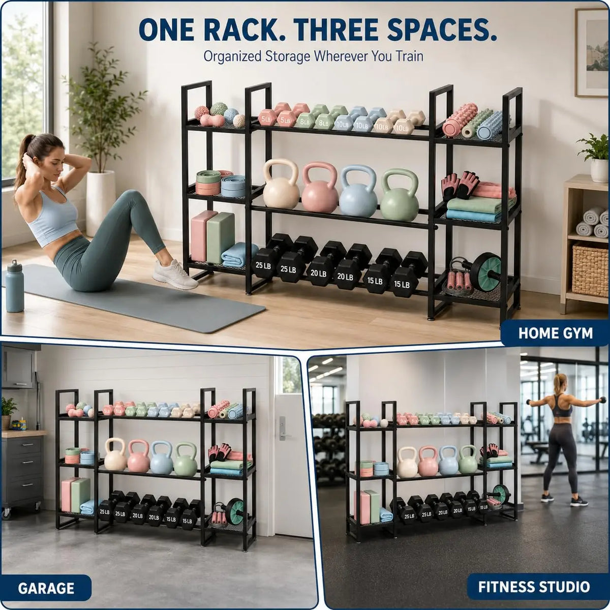 Dumbbell Rack 3 Tier, 260 Lb Per Tier Weight Rack For Home Gym, 54.6 In Triple Column Dumbbell Stand, 2 Mesh Sections And 1 Steel Tube Section, All In One Workout Equipment Storage, Rack Only