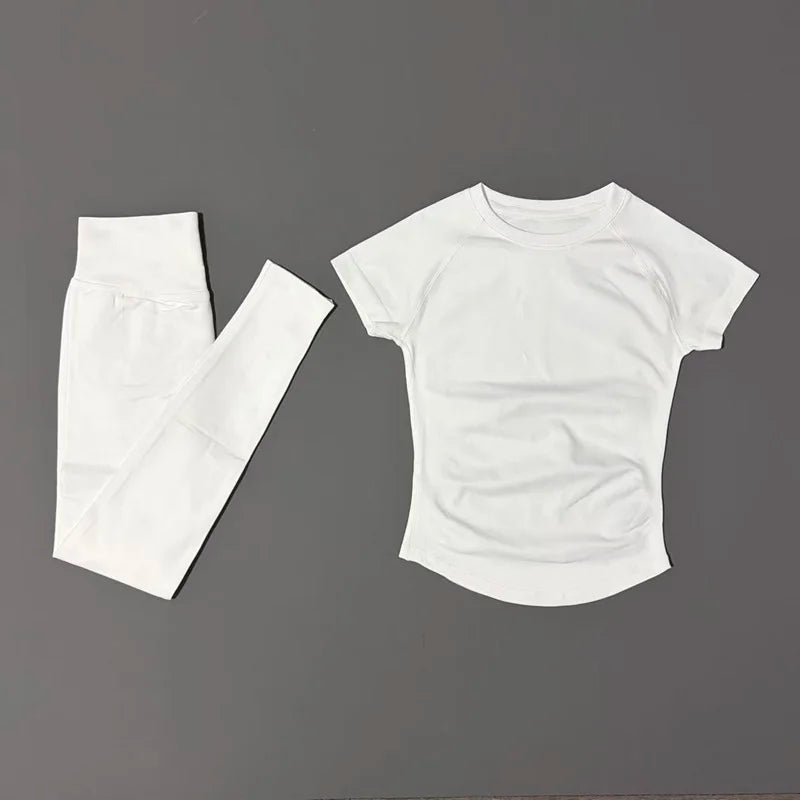Histello Women Seamless Fitness Set Short Sleeve Top Leggings