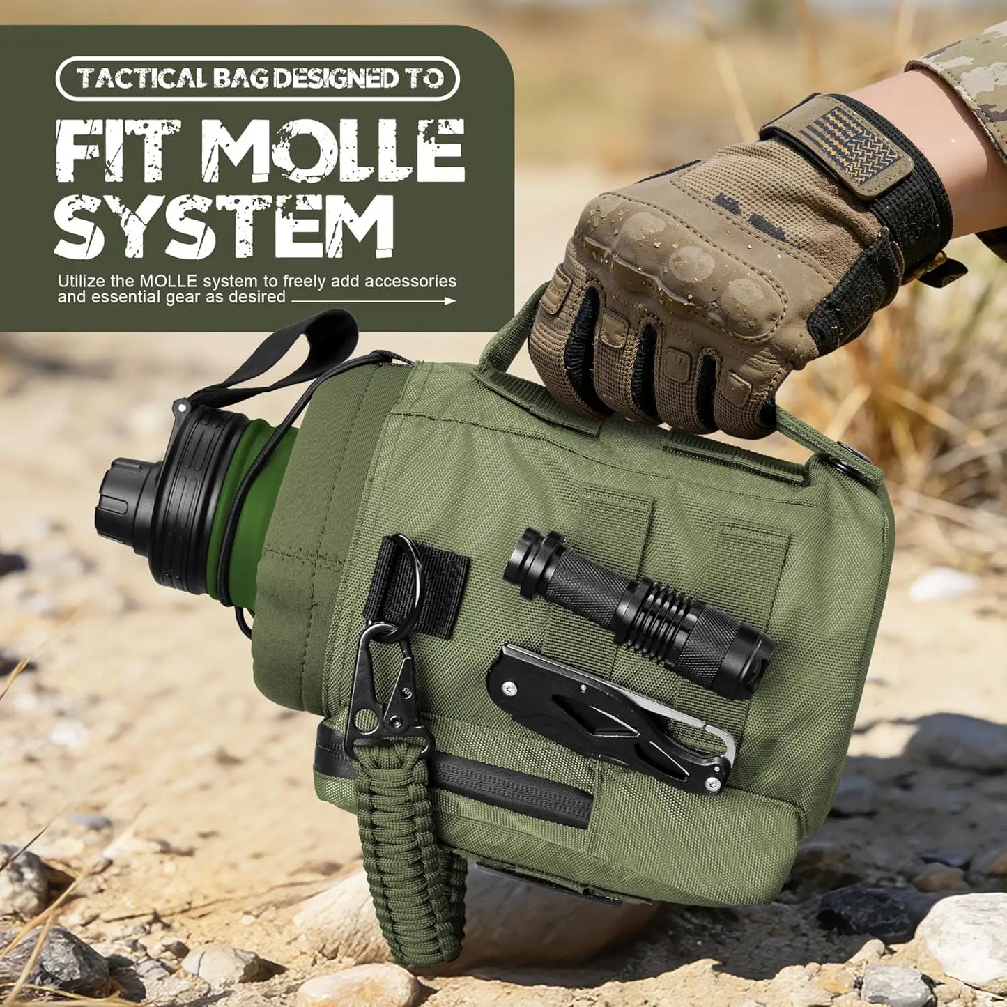 Stainless Steel Tactical Water Bottle With Molle Pouch And Caps