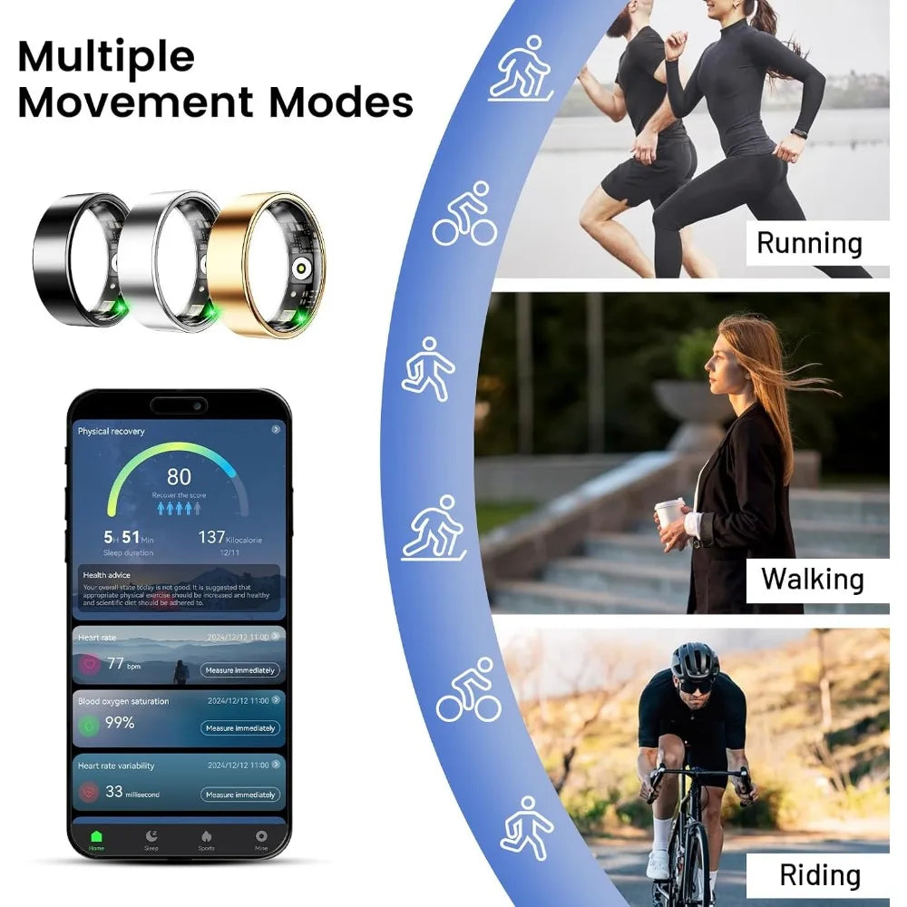 Smart Ring for Health Tracking, Blood Oxygen & Heart Rate Monitor, Lasting Battery, Waterproof Fitness Wearable