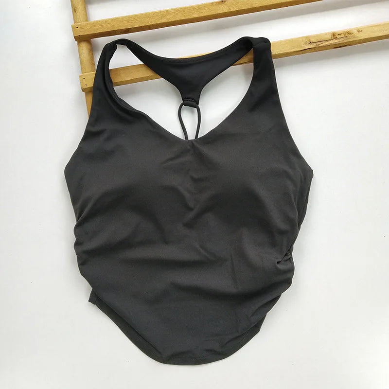Women's Cutout Back Ruched Waist Yoga Tank Top Spaghetti Strap Fixed Cups Breathable for Gym Workout