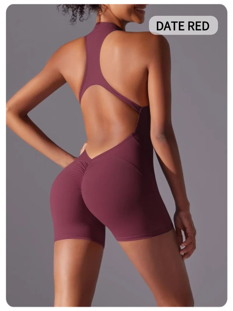 MIML Women's Short Sleeveless Zipper Backless Yoga Romper
