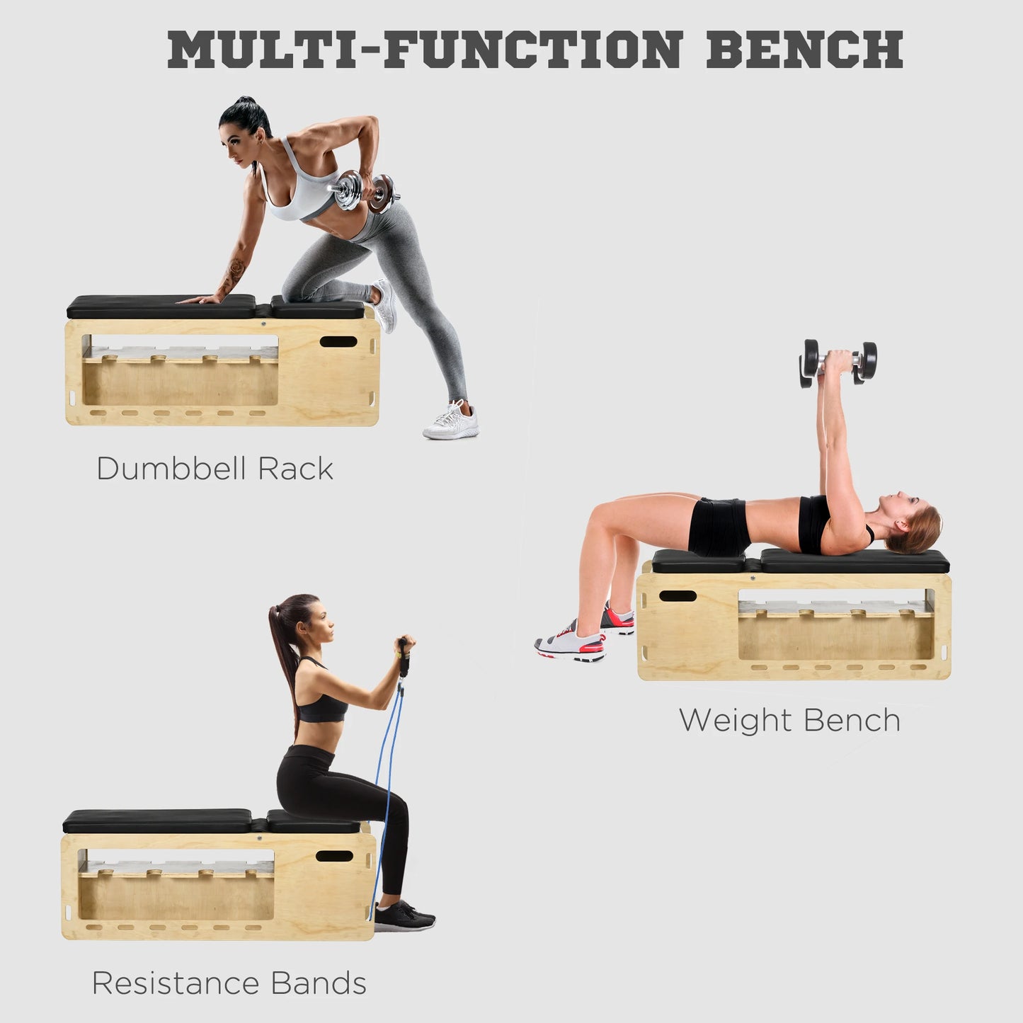 Wooden Workout Bench With Adjustable Incline Dumbbell Rack And Bands