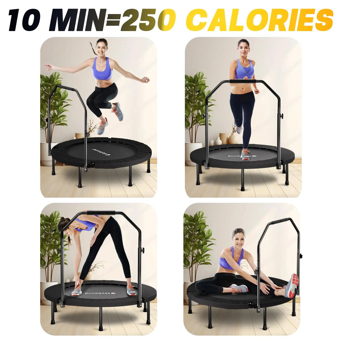 Foldable Adult Mini Trampoline With Adjustable Handle For Fitness