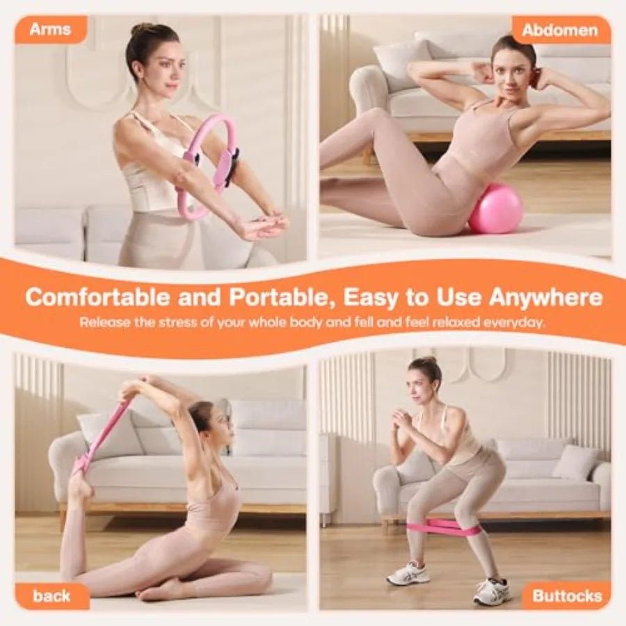 Seven Piece Pilates Fitness Set With Bands And Mini Ball