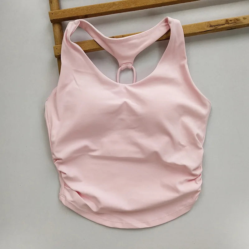 Women's Cutout Back Ruched Waist Yoga Tank Top Spaghetti Strap Fixed Cups Breathable for Gym Workout