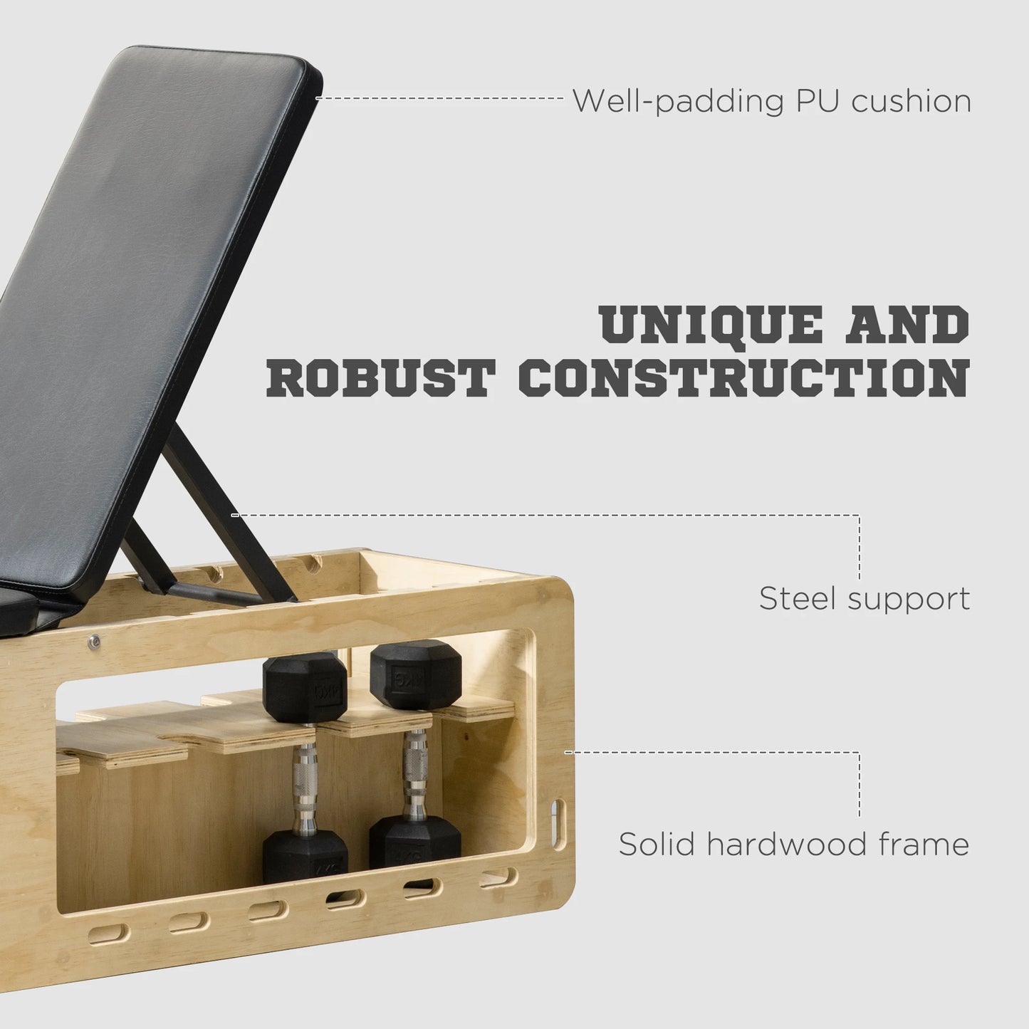Wooden Workout Bench With Adjustable Incline Dumbbell Rack And Bands