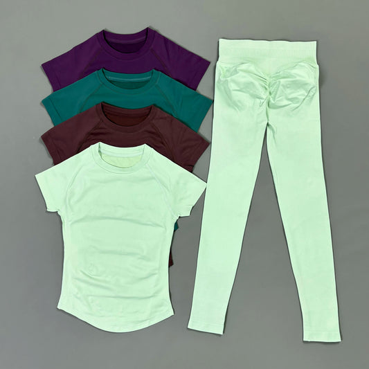 Histello Women Seamless Fitness Set Short Sleeve Top Leggings