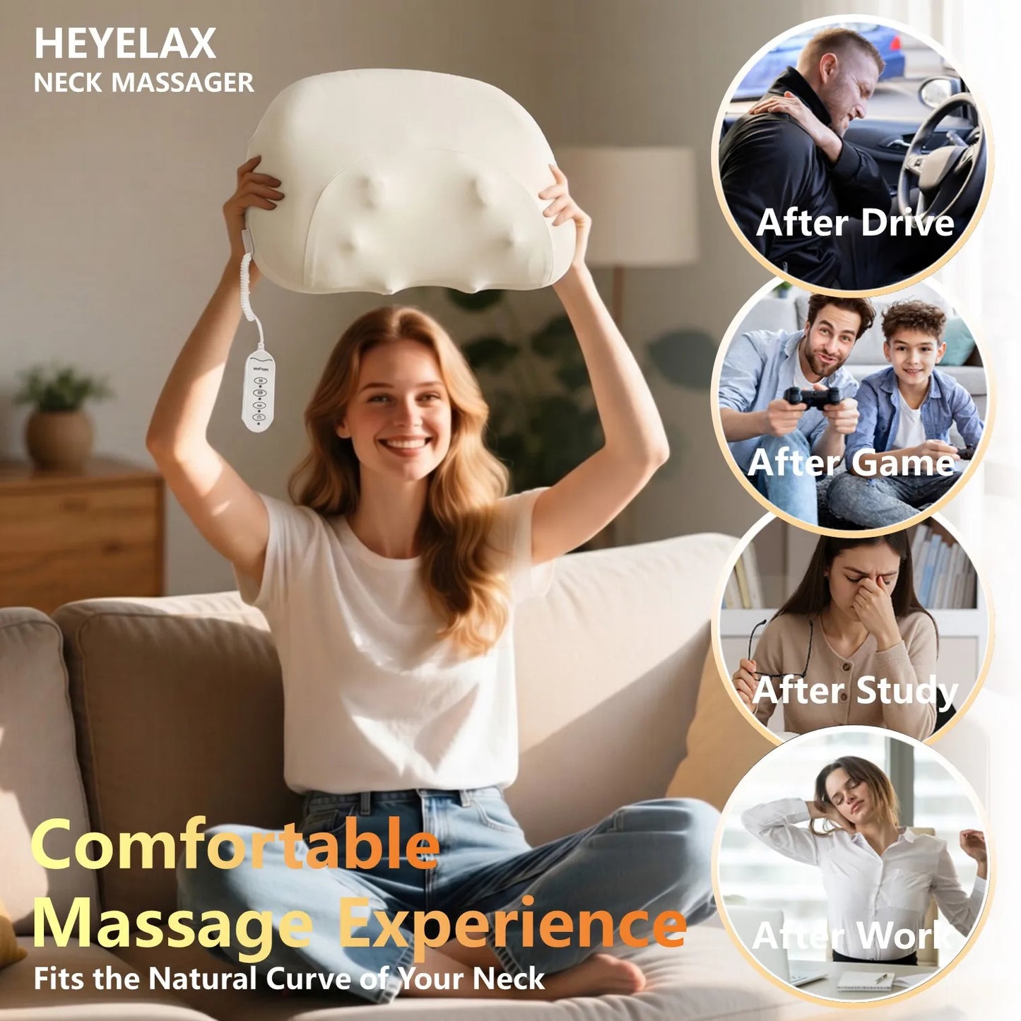 Heyelax Neck Massager Pillow With Heat Shiatsu Cordless