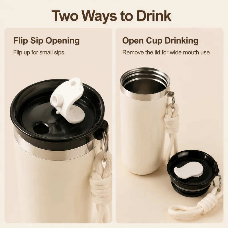 ULKNN Insulated Stainless Steel Travel Mug With Lid Rope Handle