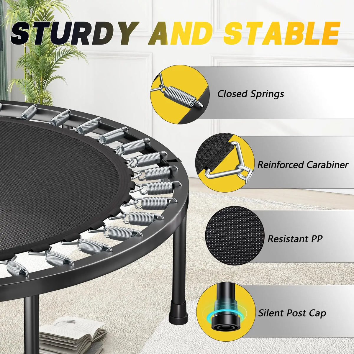 Foldable Adult Mini Trampoline With Adjustable Handle For Fitness