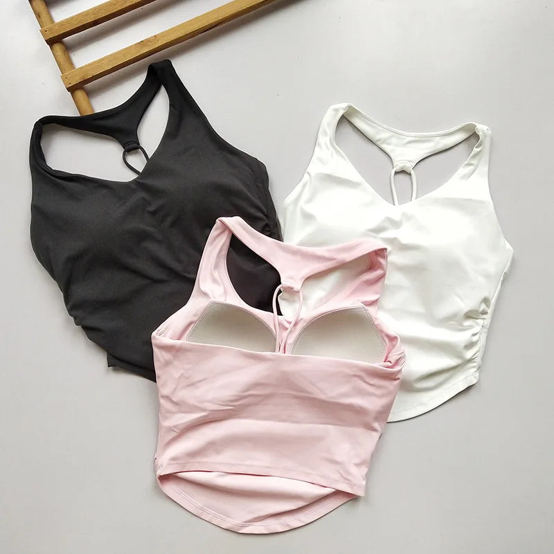 Women's Cutout Back Ruched Waist Yoga Tank Top Spaghetti Strap Fixed Cups Breathable for Gym Workout