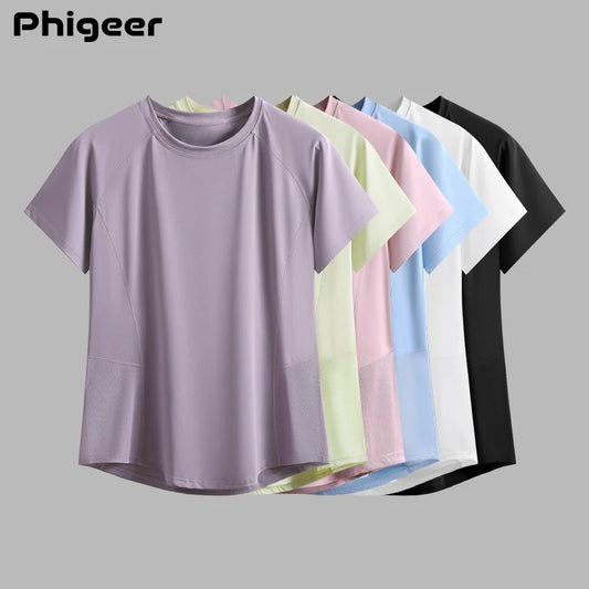 PHIGEER Womens Quick Dry Running T Shirt Mesh Panel Breathable Outdoor