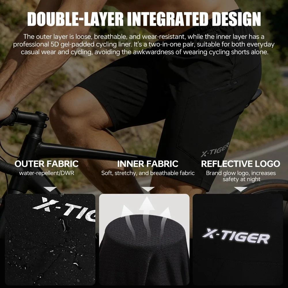 X-TIGER 2 In 1 Cycling Shorts Padded MTB Wearproof Waterproof