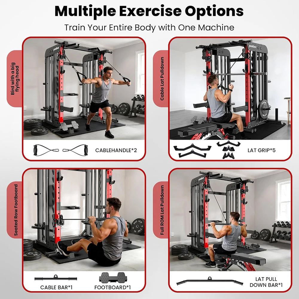 Pooboo Power Cage Smith Machine With Cable Crossover System