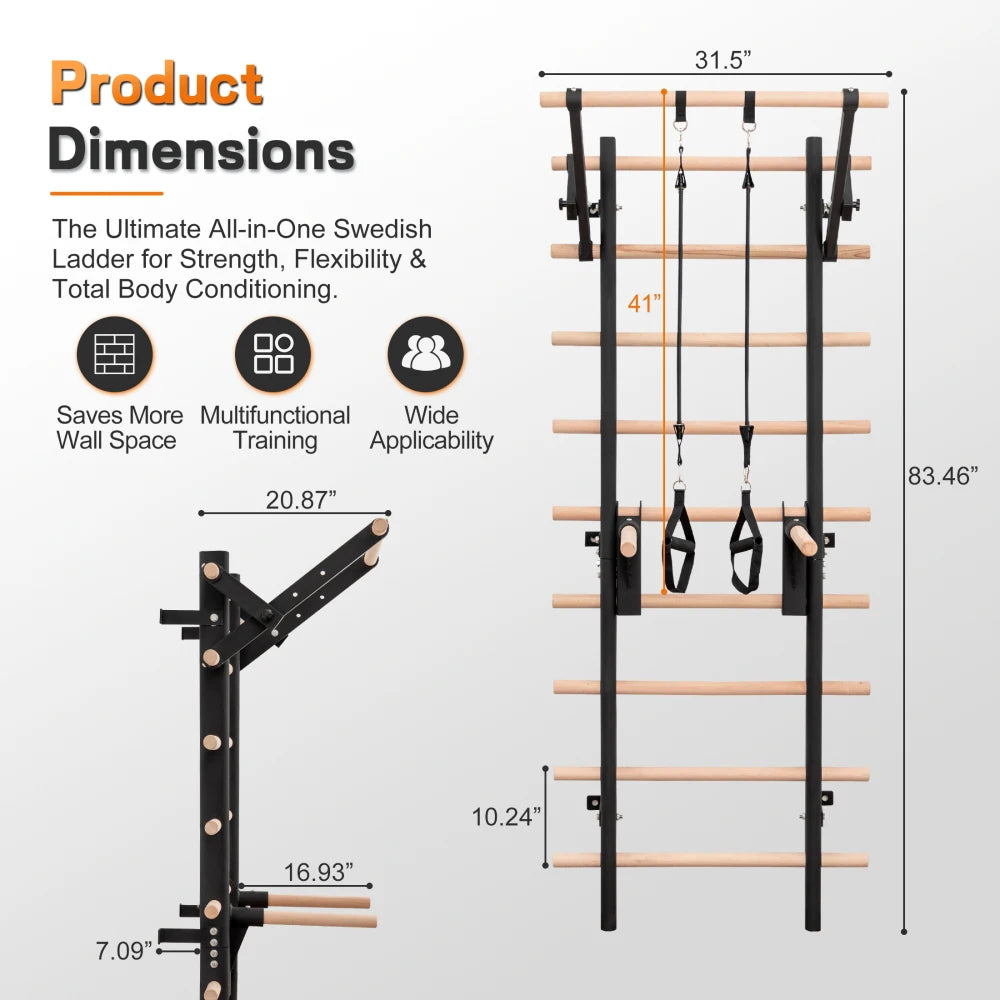 Wall Mount Swedish Ladder for Home Gym Training Adjustable Bars
