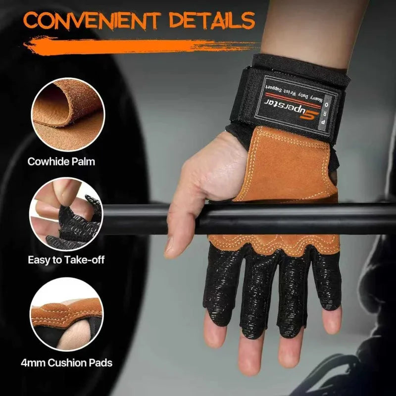 Original Leather Half Finger Gym Gloves Silicone Air Cushion Weightlifting Workout Gloves for Men Women Anti-Slip Breathable Out