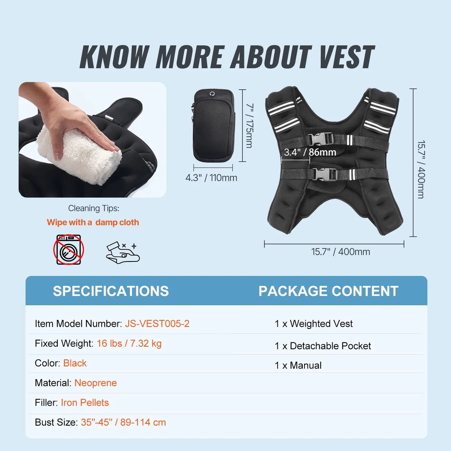 Weighted Vest 16 Lbs Reflective Stripe Adjustable Buckle
